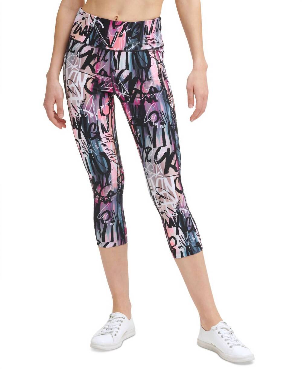 NEW CALVIN KLEIN performance printed cropped leggings in script logo teal dusk